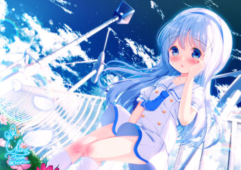 1girl :o beret blue_eyes blue_hair blue_sky blush chinomaron cloud commentary_request day dress dutch_angle feet_out_of_frame fence flower gochuumon_wa_usagi_desu_ka? hair_ornament hand_up hat kafuu_chino kafuu_chino's_school_uniform kneehighs lamppost long_hair outdoors parted_lips petals pink_flower puffy_short_sleeves puffy_sleeves purple_flower school_uniform short_sleeves signature sky socks solo standing twitter_username very_long_hair white_dress white_hat white_socks wind_turbine windmill x_hair_ornament