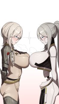Rule 34 | 2girls, absurdres, arms behind back, blue eyes, blush, bodysuit, breast press, breasts, closed mouth, commentary, dual persona, eye contact, faust (project moon), grey hair, high ponytail, highres, large breasts, limbus company, looking at another, mechanical spine, multiple girls, n corp. fanatic (identity) (project moon), ponytail, project moon, ring (identity) (project moon), robot girl, simple background, symmetrical docking, white background, zerobig