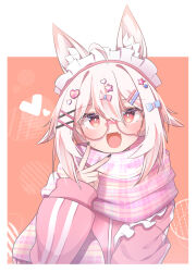 Rule 34 | 1girl, absurdres, ahoge, animal ear fluff, animal ears, blonde hair, bright pupils, fang, fox ears, hair between eyes, hair ornament, hairclip, heart, highres, jacket, looking at viewer, medium hair, original, pink jacket, pink scarf, plaid, plaid scarf, red background, red eyes, round eyewear, satoh vrc, scarf, skin fang, small sweatdrop, solo, teardrop-framed glasses, upper body, v over mouth, x hair ornament