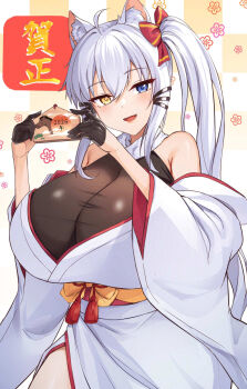 1girl :d ahoge animal_ear_fluff animal_ears black_bodystocking blue_eyes blush bow breasts cat_ears chinese_zodiac cleavage ema hair_between_eyes hair_bow hair_tubes heterochromia highres holding holding_ema huge_breasts japanese_clothes kimono long_hair looking_at_viewer new_year open_mouth original ponytail red_bow sidelocks smile solo tenneko_yuuri upper_body white_kimono wide_sleeves year_of_the_horse yellow_eyes