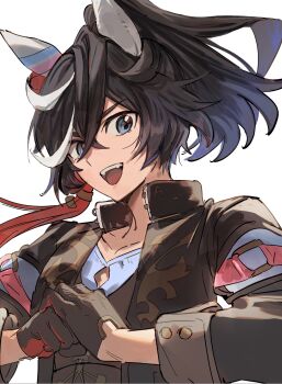 1girl animal_ears black_gloves black_hair black_jacket blue_eyes blue_shirt bojue_(hakus_1128) collarbone ear_covers gloves hair_between_eyes hair_ornament highres horse_ears horse_girl jacket katsuragi_ace_(dragon_rising_to_the_top)_(umamusume) katsuragi_ace_(umamusume) long_hair long_sleeves looking_at_viewer multicolored_hair open_mouth ponytail shirt simple_background smile solo streaked_hair tassel tassel_hair_ornament teeth two-tone_gloves umamusume upper_body upper_teeth_only white_background white_hair