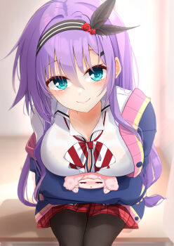 1girl black_hairband black_pantyhose blue_cardigan blue_eyes blurry blurry_background blush bow bowtie breasts button_gap c: cardigan closed_mouth collared_shirt commentary_request cowboy_shot diagonal-striped_bow diagonal-striped_bowtie diagonal-striped_clothes eyelashes eyes_visible_through_hair feather_hair_ornament feathers foreshortening hair_between_eyes hair_intakes hair_ornament hairband hairclip hanasaki_work_spring highres indoors kuon_ayano large_breasts leaning_forward long_hair looking_at_viewer miniskirt open_cardigan open_clothes pantyhose plaid_clothes plaid_skirt purple_hair red_skirt school_uniform shirt sidelocks silver116 sitting skirt sleeves_past_wrists smile solo straight-on striped_bow striped_bowtie striped_clothes very_long_hair white_shirt
