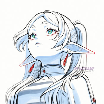 1girl artist_name capelet commentary earrings elf english_commentary frieren green_eyes hair_over_shoulder head_back highres inntary instagram_username jewelry ko-fi_username long_pointy_ears looking_up making-of_available meme parted_bangs pointy_ears shirt simple_background solo sousou_no_frieren spot_color striped_clothes striped_shirt teardrop_earrings twintails twitter_username upper_body upward_angle_frieren_drawing_(meme) white_background