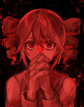 1girl abstract_background blood blood_from_forehead commentary_request covering_own_mouth detached_sleeves drill_hair empty_eyes highres kasane_teto kasane_teto_(utau) looking_at_viewer monochrome nervous nervous_sweating nou_1182 number_tattoo omajinai_(synthesizer_v) own_hands_clasped own_hands_together red_theme shirt shoulder_tattoo sleeveless sleeveless_shirt solo straight-on sweat tattoo twin_drills upper_body utau