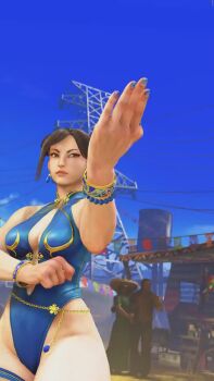 1girl 3d alternate_costume animated ass audible_speech blue_one-piece_swimsuit bouncing_breasts breasts capcom chun-li curvy day double_bun female_focus fighting_stance game_screenshot hair_bun hair_ornament highleg highleg_one-piece_swimsuit highres huge_ass japanese_audio official_alternate_costume one-piece_swimsuit outdoors shiny_skin solo sound street_fighter street_fighter_6 stretching swimsuit thighs video video_game_screencap wide_hips