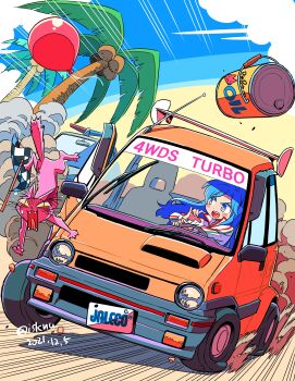 1girl absurdres animal annoying_cat_(city_connection) artist_name balloon blue_eyes blue_hair blue_sky blush_stickers can car cat checkered_flag city_connection clarice_(city_connection) cloud coconut coconut_tree colored_sclera commentary dated driving dust fangs flag highres honda_city isedaichi_ken jacket jaleco license_plate long_hair midair motion_lines motor_vehicle oil_can open_mouth palm_tree pink_cat police_car race_flag race_vehicle racecar radio_antenna sky smile speed_lines spoiler_(automobile) steering_wheel surprised tree twitter_username white_jacket yellow_sclera