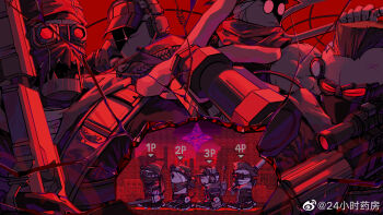 4boys artist_name bandana bandana_around_neck baseball_bat black_bandana black_hair black_jacket black_mask black_pants black_shoes chibi chibi_inset chinese_commentary chuai_chuai city colored_skin commentary_request crack deimos_(madness_combat) doc_(madness_combat) explosive full_body goggles grenade grey_skin gun hank_j._wimbleton headphones headset highres holding holding_baseball_bat holding_gun holding_sword holding_weapon hook jacket looking_at_viewer madness:_project_nexus madness_combat male_focus mask microphone mohawk mouth_mask multiple_boys muscular muscular_male pants red-tinted_eyewear red_theme rifle sanford_(madness_combat) scope shoes short_hair sniper_rifle sword throwing tinted_eyewear walking watermark weapon weibo_watermark