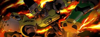 2others arms_(game) barq byte_(arms) commentary_request dragon_(arms) fighting_stance fire humanoid_robot mechanical_arms multiple_others no_humans non-humanoid_robot police robot robot_animal robot_dog suno_(imydream)