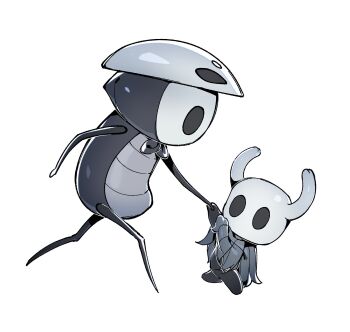 1boy 1other arthropod_boy arthropod_limbs bamsot black_skin cloak colored_skin facing_another grey_cloak highres holding_hands hollow_eyes hollow_knight horned_mask horns knight_(hollow_knight) looking_at_another mask mask_on_head quirrel simple_background walking white_background white_mask