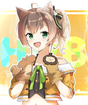 1girl animal_ear_fluff animal_ears black_shirt brown_hair cat_ears commentary_request cropped_jacket green_eyes hand_puppet highres hololive jacket looking_at_viewer medium_hair natsuiro_matsuri natsuiro_matsuri_(1st_costume) one_side_up open_mouth puppet shirt smile solo u_da_desu virtual_youtuber yellow_jacket