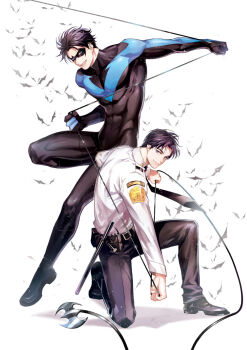 1boy bad_id bad_tumblr_id batman_symbol baton_(weapon) black_hair black_mask black_necktie black_pants black_shoes blue_eyes cable collared_shirt dc_comics dick_grayson domino_mask dress_shoes dual_persona eye_mask long_sleeves mask multicolored_bodysuit multiple_views necktie nightwing official_alternate_costume on_one_knee pants police police_uniform policeman shirt shoes smile solo stariver00 superhero_costume taut_bodysuit two-tone_bodysuit weapon white_background white_shirt