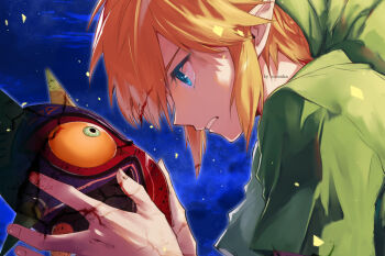 Rule 34 | 1boy, artist name, blonde hair, blue eyes, commentary, english commentary, from side, green hat, green shirt, hat, holding, holding mask, link, looking at object, majora (zelda), male focus, mask, night, nintendo, phrygian cap, pointy ears, roozaku, shirt, short sleeves, sidelocks, sky, the legend of zelda, the legend of zelda: majora's mask