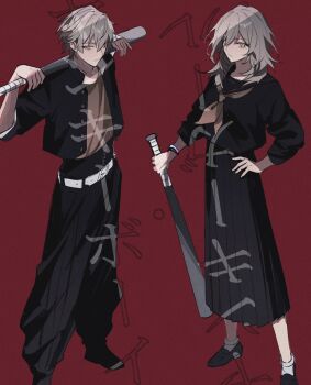 Rule 34 | 1boy, 1girl, baseball bat, black pants, black shirt, black skirt, caelus (honkai: star rail), delinquent, dual persona, full body, grey hair, highres, holding, holding baseball bat, honkai: star rail, honkai (series), long skirt, medium hair, pants, pleated skirt, red background, shirt, short hair, simple background, skirt, stelle (honkai: star rail), trailblazer (honkai: star rail), umenoume
