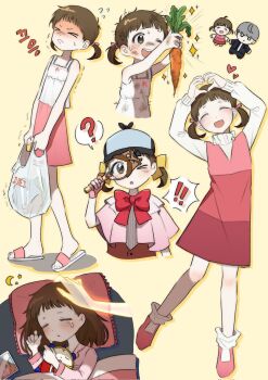 ! &gt;_&lt; 1girl ? bag blush brown_hair closed_eyes doujima_nanako dress highres kuma_(persona_4) millotic narukami_yu one_eye_closed persona persona_4 pillow short_twintails sleeping spoken_question_mark squiggle tears trembling twintails zzz