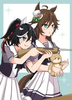 Rule 34 | 2girls, ;q, ahoge, animal ears, black bow, black hair, blue background, blue eyes, bow, brown hair, closed mouth, commentary request, frilled skirt, frills, green eyes, hair ornament, hairclip, hat, highres, holding, holding stuffed toy, horse ears, horse girl, horse tail, katsuragi ace (umamusume), long hair, mini hat, mini top hat, mr. c.b. (umamusume), multicolored hair, multiple girls, one eye closed, parted lips, pleated skirt, ponytail, puffy short sleeves, puffy sleeves, purple shirt, school uniform, shirt, short sleeves, skirt, smile, sparkle, streaked hair, stuffed animal, stuffed dog, stuffed toy, tail, tilted headwear, tongue, tongue out, top hat, tracen school uniform, two-tone background, umamusume, usako (umauma0602), very long hair, white background, white hair, white hat, white skirt