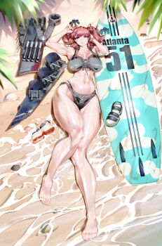 1girl abs absurdres atlanta_(kancolle) atlanta_(swimsuit)_(kancolle) bikini breasts commission highres kantai_collection machine muscular muscular_female ocean pixiv_commission qtime_702 solo stomach swimsuit twintails