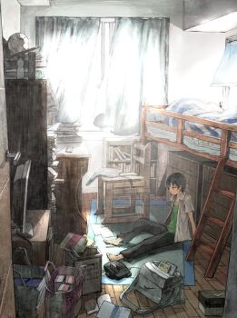 1boy barefoot bed black_hair bunk_bed day game_console indoors male_focus messy nike_(company) nintendo nintendo_64 on_floor original room short_hair sitting slice_of_life solo television toyo