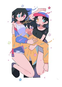 &gt;_&lt; 1boy 2girls :o ahoge arm_up baseball_cap between_breasts between_legs black_choker black_hair black_shirt black_shoes blue_hat blue_jacket blush blush_stickers breast_press breasts brother_and_sister buster_bros!!! choker choppy_bangs cleavage cocked_eyebrow collarbone colored_eyelashes cropped_legs denim denim_shorts dot_nose face_between_breasts flustered genderswap genderswap_(mtf) girl_sandwich green_eyes grey_skirt hair_between_eyes hat head_between_breasts heterochromia highres hood hood_down hoodie hypnosis_mic jacket knee_blush large_breasts long_sleeves looking_at_another medium_hair miniskirt mole mole_under_eye mole_under_mouth multiple_girls multiple_moles off_shoulder open_mouth parted_bangs raised_eyebrows red_eyes red_hat red_jacket sandwiched shirt shoes short_hair short_shorts short_sleeves shorts siblings simple_background ske_tigridia skirt star_(symbol) stuck_in_a_box sweatdrop t-shirt tank_top tareme torn_clothes torn_shorts two-tone_hat v-shaped_eyebrows white_background white_tank_top yamada_ichiro yamada_jiro yamada_saburo yellow_eyes yellow_hoodie