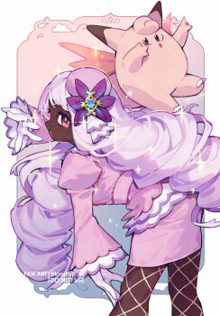 Rule 34 | 1girl, clefable, dark-skinned female, dark skin, dress, fascinator, fishnet pantyhose, fishnets, frills, gen 1 pokemon, gloves, hair ornament, highres, jacinthe (pokemon), juliet sleeves, kinshi, leaning forward, long hair, long sleeves, looking at viewer, low drills, mega stone, nintendo, open mouth, pantyhose, pokemon, pokemon (creature), pokemon legends: z-a, puffy sleeves, purple dress, purple eyes, purple hair, smile, very dark skin, white gloves, wings