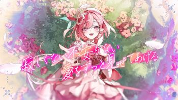 1girl beret breasts commentary_request diamond-shaped_pupils diamond_(shape) dress earrings elf elysia_(hi_love_elf)_(honkai_impact) elysia_(honkai_impact) falling_feathers feathers flower hat heart heart_earrings honkai_(series) honkai_impact_3rd jewelry long_hair looking_at_viewer medium_breasts multicolored_hair myao_(myaodayone) on_grass open_mouth outdoors pink_flower pink_hair pointy_ears purple_eyes reaching reaching_towards_viewer second-party_source smile solo symbol-shaped_pupils translation_request two-tone_hair very_long_hair white_dress white_hair