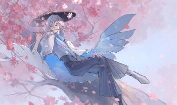 Rule 34 | 1boy, absurdres, black boots, blue cape, blue eyes, blue pants, blue shirt, boots, branch, cape, cherry blossoms, chinese commentary, commentary request, covered mouth, crossed legs, earrings, expressionless, facing viewer, feather earrings, feathers, flower, full body, hair between eyes, hair through headwear, hand on own knee, hand up, hat, high-waist pants, highres, holding, holding branch, in tree, jewelry, looking to the side, male focus, medium hair, open hat, pants, petal on body, petals, pink flower, pink petals, pleated pants, pointy ears, ruo li, shirt, shirt tucked in, short hair, sideways glance, sitting, sitting in tree, sky: children of the light, solo, tree, two-sided cape, two-sided fabric, white cape, white hair, white hat, wing cape, yellow eyes, zongsi600