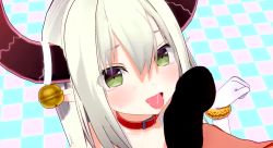 1boy 1girl 3d 9hj6u animated bell bracelet censored collar demon_girl demon_horns elbow_gloves emma_august fang gloves green_eyes horn_bell horn_ornament horns jewelry koikatsu_(medium) long_hair looping_animation nijisanji open_mouth paw_pose penis penis_on_face sidelocks slapping_with_penis solo_focus sweat tearing_up grid_background tongue tongue_out video virtual_youtuber white_gloves white_hair