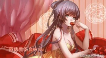 Rule 34 | 1girl, ask (askzy), bare shoulders, bow, breasts, curtains, food, fruit, green eyes, grey hair, long hair, luo tianyi, neckerchief, red bow, strawberry, vocaloid, yellow neckerchief