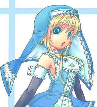 Rule 34 | 1boy, aqua eyes, arms at sides, bare shoulders, bib collar, black gloves, blonde hair, blue dress, blue veil, bridget (guilty gear), buttons, center frills, cross, cross background, cross print, dress, floating clothes, frilled gloves, frills, gloves, guilty gear, guilty gear xx, hiyohiyo (naga), lace-trimmed veil, lace trim, latin cross, looking at viewer, lowres, male focus, neck ribbon, open mouth, ribbon, short hair, sidelocks, solo, trap, two-sided veil, two-tone dress, upper body, veil, white background, white trim, yellow ribbon