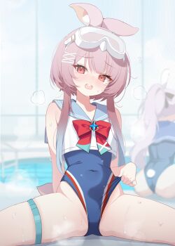2girls animal_ears blue_one-piece_swimsuit blue_sailor_collar blurry blurry_background blush bow bowtie commentary_request covered_navel deyui goggles goggles_on_head hair_ornament highleg highleg_one-piece_swimsuit highres karin_(stella_sora) long_sidelocks looking_at_viewer multiple_girls one-piece_swimsuit open_mouth pink_eyes pink_hair poolside rabbit_hair_ornament red_bow red_bowtie sailor_collar sailor_shirt shia_(stella_sora) shirt short_hair_with_long_locks short_sleeves side_sitting_split sidelocks sitting sitting_split solo_focus split spread_legs stella_sora swimsuit swimsuit_under_clothes teeth thigh_strap thighs upper_teeth_only wavy_mouth white_shirt