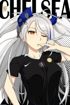 1girl a_port_in_any_storm absurdres alternate_costume alternate_hair_color antenna_hair arm_up azur_lane black_shirt blue_streaks breasts brown_eyes chelsea_fc collarbone commentary finger_to_mouth hair_between_eyes halftone halftone_background headgear highres large_breasts long_hair looking_at_viewer multicolored_hair nike_(company) one_eye_closed parted_lips prinz_eugen_(azur_lane) shirt short_sleeves sidelocks soccer_uniform solo sportswear standing streaked_hair swept_bangs twitter_username two_side_up uefa_champions_league upper_body very_long_hair white_hair