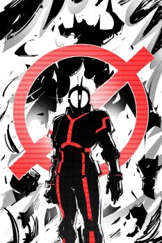 1boy 4th_chaos_emerald absurdres antennae belt faiz faiz_driver glowing glowing_eyes helmet highres kamen_rider kamen_rider_555 kamen_rider_faiz male_focus solo spot_color standing