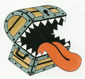 cannibox creature creature_focus dragon_quest keyhole mimic mimic_chest no_humans official_art open_mouth scan scan_artifacts sharp_teeth solo teeth third-party_source tongue tongue_out toriyama_akira white_background