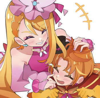 +++ 1boy 1girl age_difference asymmetrical_bangs bare_shoulders blush bracelet braid bridal_gauntlets brkrn butterfly_on_neck capelet closed_eyes commentary_request cure_butterfly cure_wing dress earrings eyeshadow facing_another finger_to_cheek gloves grin hand_on_another's_head hat hetero highres hirogaru_sky!_precure jewelry long_hair long_single_sidelock lying magical_boy magical_girl makeup on_stomach onee-shota open_mouth orange_hair parted_bangs pink_bridal_gauntlets pink_dress pink_eyeshadow pink_hat pink_nails precure red_capelet short_hair simple_background smile sphere_earrings thick_eyebrows very_long_hair white_background yellow_gloves