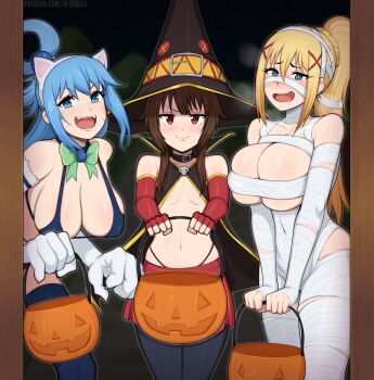 3girls afrobull animal_costume aqua_(konosuba) bandages bandeau bikini bikini_top_only blonde_hair blue_bikini blue_hair breast_cutout breasts brown_hair cat_costume cleavage darkness_(konosuba) deep_skin hair_ornament halloween halloween_costume hat highres kono_subarashii_sekai_ni_shukufuku_wo! large_breasts long_hair medium_breasts megumin multiple_girls mummy_costume naked_bandage pov skindentation small_breasts sphere_hair_ornament swimsuit tight_clothes underboob white_bandeau witch_hat