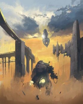 1other aircraft bridge broken_bridge cloud cloudy_sky jetpack orange_sky original path road ruins sky slow_d solo sunset