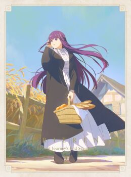 1girl absurdres artist_request basket black_boots black_jacket blue_sky boots bread day dress fern_(sousou_no_frieren) food full_body highres holding holding_basket house jacket long_hair official_art outdoors purple_eyes purple_hair sky solo sousou_no_frieren standing wheat_field white_dress