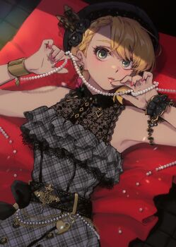 1girl bare_shoulders belt beret black_belt black_hat blonde_hair bracelet commentary_request dress earrings empty_(neyo) green_eyes grey_dress hands_up hat holding holding_jewelry holding_necklace idolmaster idolmaster_cinderella_girls jewelry looking_at_viewer lying miyamoto_frederica nail_polish necklace on_back on_ground parted_lips pearl_necklace pink_nails plaid_clothes plaid_dress short_hair solo