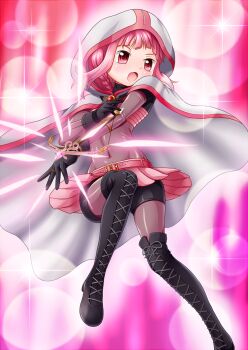 Rule 34 | 1girl, belt, black gloves, black shorts, black thighhighs, blush, bodysuit, boots, bow (weapon), braid, cloak, commentary request, covered navel, crossbow, female focus, full body, gloves, groin, highres, hood, hooded cloak, knee up, lace-up boots, looking at viewer, magia record: mahou shoujo madoka magica gaiden, mahou shoujo madoka magica, open mouth, ossannoa, pink belt, pink eyes, pink hair, pink skirt, pleated skirt, shorts, skirt, solo, soul gem, tamaki iroha, thigh boots, thighhighs, upskirt, weapon, white cloak