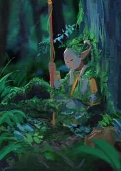 1girl absurdres blurry blurry_background capelet closed_eyes commentary_request dress elf forest frieren gold_trim grass highres holding holding_staff koukouya long_pointy_ears long_sleeves mage_staff nature outdoors overgrown parted_bangs plant pointy_ears sitting sleeping solo sousou_no_frieren staff vines white_capelet white_dress