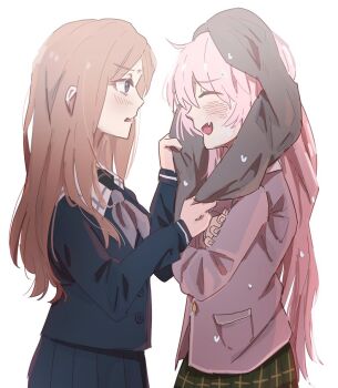 2girls bang_dream! bang_dream!_it's_mygo!!!!! blue_shirt blush brown_hair chihaya_anon commentary drying drying_another's_hair drying_hair fang grey_jacket grey_neckerchief haneoka_school_uniform hashtag-only_commentary jacket karakuzu_mygo long_hair multiple_girls nagasaki_soyo neckerchief open_mouth pink_hair school_uniform shirt sidelocks simple_background towel tsukinomori_school_uniform wet white_background