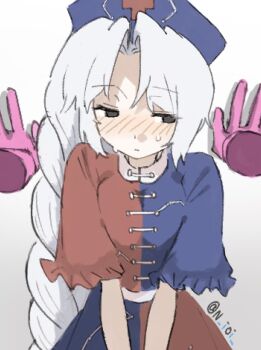 Rule 34 | 1girl, against wall, averting eyes, black eyes, blue dress, blue hat, blush, braid, breasts, breasts squeezed together, closed mouth, commentary, cowboy shot, cross, dress, embarrassed, facing viewer, gradient background, grey background, half-closed eyes, hat, highres, kabedon, long hair, medium breasts, n ioi, parted bangs, pov, pov hands, red dress, sideways glance, sweatdrop, two-tone background, two-tone dress, v arms, white background, yagokoro eirin