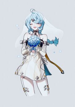 1girl absurdres ahoge blue_flower blue_hair bouquet braid bridal_veil closed_eyes cropped_legs dress elbow_gloves flower fumin_tyu gloves grey_background highres holding holding_bouquet mole mole_on_shoulder seed_(zenless_zone_zero) veil white_dress zenless_zone_zero