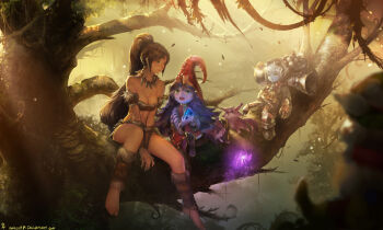 3girls ankle_wrap barefoot breasts brown_eyes brown_hair cannon cannonball cleavage dark-skinned_female dark_skin green_eyes has_bad_revision hat high_ponytail highres instant_ip league_of_legends loincloth long_hair lulu_(league_of_legends) md5_mismatch medium_breasts multiple_girls nidalee pix_(league_of_legends) pointy_ears ponytail resized resolution_mismatch sitting smile source_smaller sunlight teemo toeless_legwear tree tristana_(league_of_legends) upscaled yordle