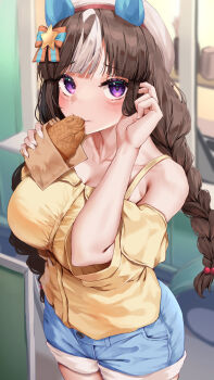 1girl alternate_costume animal_ears beret blunt_bangs blurry blurry_background blush braid breasts casual commentary_request eating food hair_between_eyes hair_ornament hat highres hokko_tarumae_(umamusume) horse_ears horse_girl large_breasts long_hair looking_at_viewer low_twin_braids ribbon shorts solo tabunshake takoyaki twin_braids umamusume