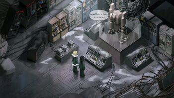 2girls absurdres black_hair blonde_hair boots broken_glass chito_(shoujo_shuumatsu_ryokou) coat crt from_above from_behind full_body fur_trim gauge glass green_coat green_pants highres indoors mechanical_arms military_uniform monitor multiple_girls multiple_monitors pants rebar reference_request robot rubble ruins server_room shoujo_shuumatsu_ryokou snow speech_bubble terminal wire xiaomai_yorik yuuri_(shoujo_shuumatsu_ryokou)