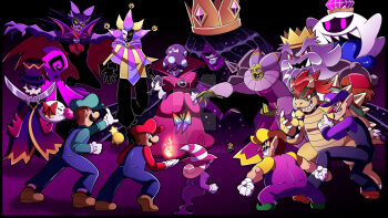 beard black_background boo_(mario) bouquet bow_(paper_mario) bowser cape chalice character_request colored_skin crossover crown cup dimentio dress drinking_glass facial_hair flower green_skin hand_on_own_hip hat king_boo king_olly lips luigi mario mario_&amp;_luigi:_bowser's_inside_story mario_&amp;_luigi_rpg mario_(series) mask mustache nintendo overalls paper_mario purple_background queen_bean shadow_queen shroob smithy starlow super_mario_rpg super_paper_mario tatanga tippi_(paper_mario) unhinged_honey vivian_(paper_mario) waluigi wario wine_glass