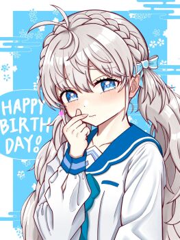Rule 34 | 1girl, antenna hair, aqua bow, blonde hair, blue bow, blue bowtie, blue eyes, blue sailor collar, bow, bowtie, braid, closed mouth, crown braid, embarrassed, hair bow, happy birthday, heart, highres, horudo893 kl, long hair, low twintails, natalya (shine post), sailor collar, shine post, shirt, solo, twintails, upper body, white shirt