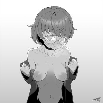 1girl blush borrowed_character breasts choker coat collarbone commentary_request dated embarrassed freckles greyscale highres large_areolae medium_breasts mole mole_on_breast mole_on_stomach mole_under_mouth monochrome multiple_moles naked_coat navel nipples open_clothes open_coat original sagging_breasts short_hair signature skinny solo tocky upper_body wavy_mouth