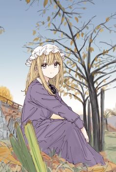 1girl autumn autumn_leaves black_ribbon blonde_hair bridge closed_mouth collared_dress contrast_collar day dress dress_ribbon hair_between_eyes hands_on_own_legs hat highres kashiwada_kiiho leaf long_sleeves looking_at_viewer maribel_hearn medium_hair mob_cap purple_eyes ribbon sitting sky sleeve_cuffs smile solo touhou white_hat
