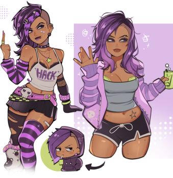 1girl alternate_costume asymmetrical_hair asymmetrical_legwear bandaid bandaid_on_face belt black_bra black_collar black_shorts black_skirt bra bra_peek chibi chibi_inset collar cup dark-skinned_female dark_skin dolphin_shorts ear_piercing earrings eyebrow_cut eyeshadow face_piercing green_bra grey_shirt hand_up highres holding holding_cup hood hoodie horizontal-striped_thighhighs jacket jewelry kaiwankon lip_piercing lip_ring makeup micro_shorts microskirt middle_finger midriff miniskirt mismatched_arm_warmers mismatched_legwear mole mole_under_eye mole_under_mouth multiple_views navel necklace open_clothes open_jacket overwatch piercing pink_jacket pink_nails pink_shirt pleated_skirt purple_eyes purple_eyeshadow purple_hair purple_hoodie purple_lips purple_thighhighs red_lips scene_fashion shirt shorts skirt solo_focus sombra_(overwatch) spaghetti_strap spiked_collar spikes star_(symbol) star_necklace striped_arm_warmers stud_earrings thighhighs tongue tongue_out torn_clothes torn_thighhighs undercut underwear white_shirt